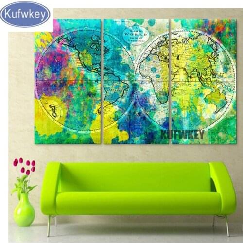 3 Panels diamond painting"world map"full square diamond Embroidery bead Needlework mosaic home decoration wall art Free Shipping