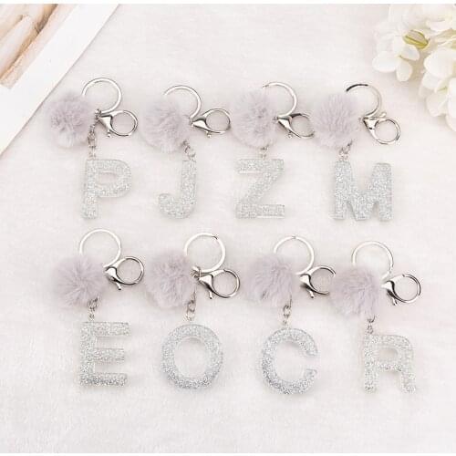1PC Keyring Silver Color English Letter Keychain with Puffer Ball 26 English word Glitter Resin A TO Q Handbag Charms for Woman