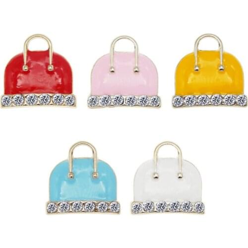 Julie Wang 5PCS Enamel Cartoon Bag Charms With Rhinestone Alloy Gold Tone Handbag Pendant Bracelet Jewelry Making Accessory