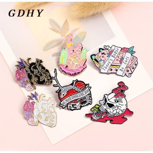 GDHY Organ Heart Skull Enamel Pin Rose Heart Skeleton Theres better be cats Pink Coffin Crystal Brooch Badge Jewelry Gifts