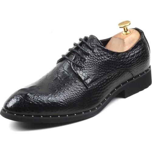 Movechain New Mens Crocodile Grain Genuine Leather Dress Shoes Man Pointed Toe Casual Party Oxfords Mens Lace-Up Business Flats