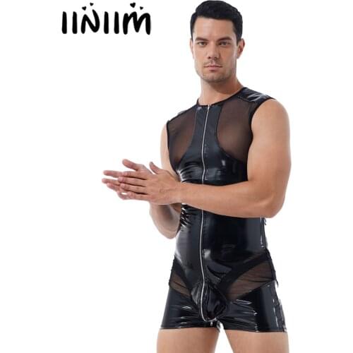 Men Lingerie See-through Mesh Patchwork Round Neck Sleeveless Zipper Bodysuit Wet Look Patent Leather Bugle Pouch Short Jumpsuit