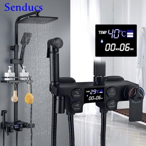 Bathroom Shower Set Senducs Matte Black Digital Bathroom Shower System Solid Brass Bathtub Faucet Thermostatic Shower Mixer Set