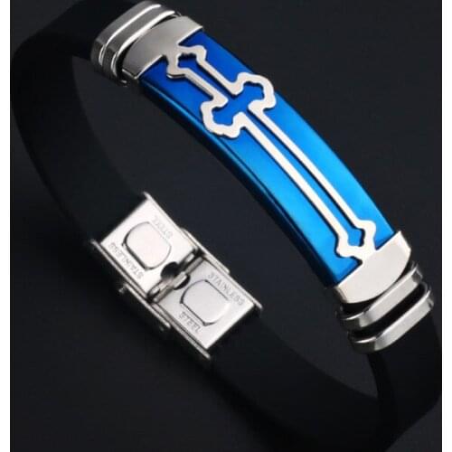 2021 New Retro Blue Gold Cross Bracelet Mens Hip Hop Rock Charm Jewelry Religious Stainless Steel Buckle Silicone Bracelet Gift