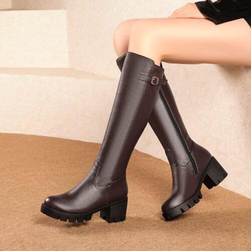 PQECFS big size 34-44 high quality winter fasion women solid buckle square high heels knee-high riding boots 2 colors