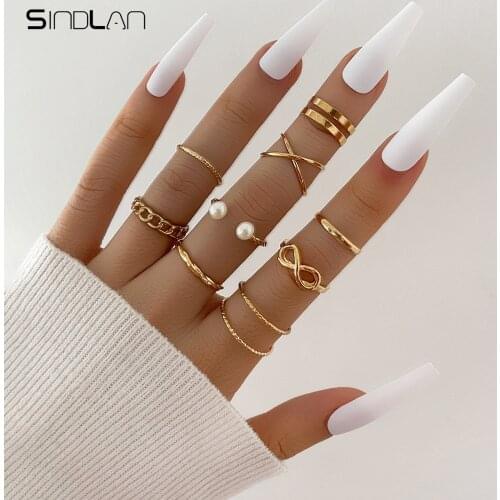 Sindlan 9Pcs Vintage Pearl Gold Rings for Women Kpop Geometric Boho Female 2021 Trendy Punk Fashion Jewelry Anillos Bague Femme
