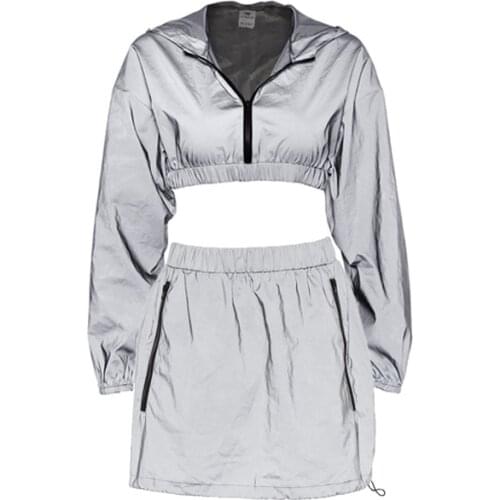 Reflective Womens Sets 2pcs Long Sleeve Zipper Crop Tops + Mini Skirts Two Pieces Sets Fashion Casual Woman Party Clubwear 2020
