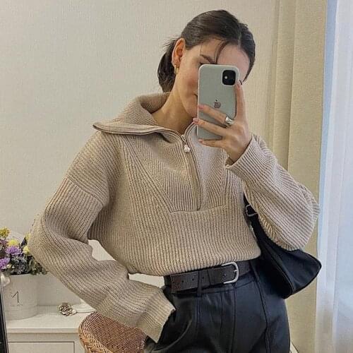 Ardm Fashion Women Sweater Lapel With Zipper Loose Long Sleeve Winter Solid Color Casual Vintage Female Pullover Chic Tops