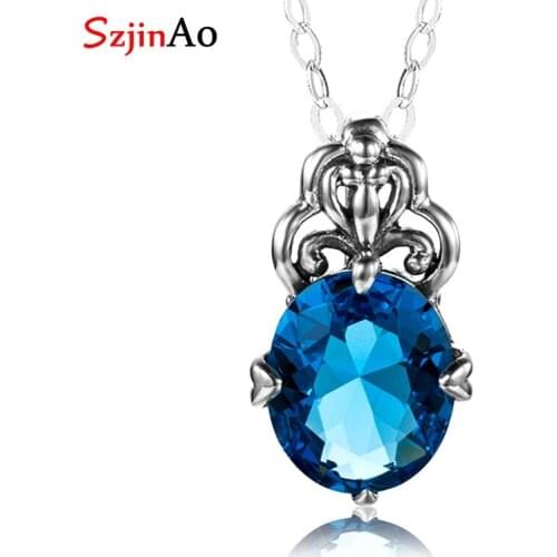 Szjinao Brand Silver 925 Blue Topaz Pendant Handmade Women Fine Jewelry Gemstone October Birthstone Gifts For Wife 2020 Fashion