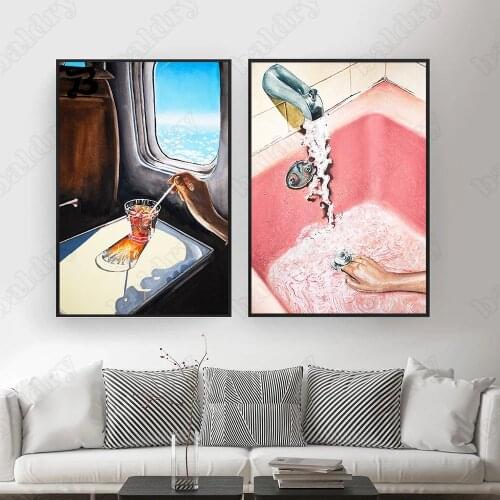 Vintage Style Canvas Painting Drink In Airplane Wall Art Posters and Prints Pink Bathroom Wall Pictures for Living Room Decor