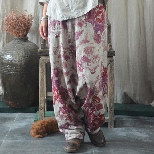 QPFJQD Autumn Summer Ladies Retro Cross Pants Print Floral 2021 Women Casual Cotton Linen Long Trousers Chinese Style