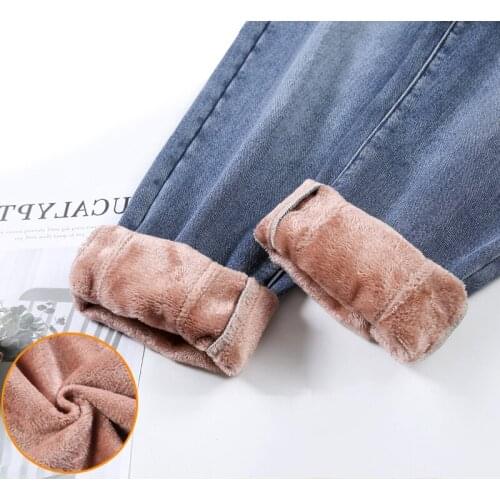 High Waisted Jeans for Women Pink Fleece Ankle Length Loose Blue Fashion Winter Warm Female Harlan Denim Nine Points Pants