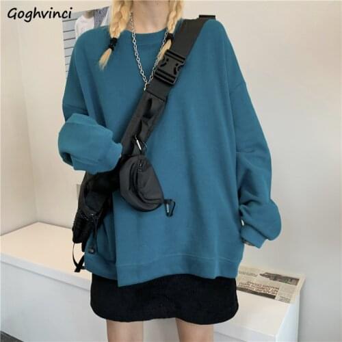 Women No Hat Hoodies Long Sleeve O-neck 5 Colors Baggy Korean Style Simple Chic Ins Fashion Fall Female Sweatshirts Harajuku New