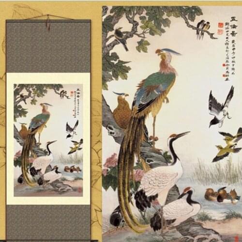 1pc Home Decoration China Silk Scroll Painting Peacock Red-crowned crane S116