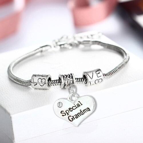 12PC/Lot Crystal Love Heart Charms Chain Bangle Special Grandma Bracelet Gift Women Family Nanny Nana Grandmother Jewelry Gifts