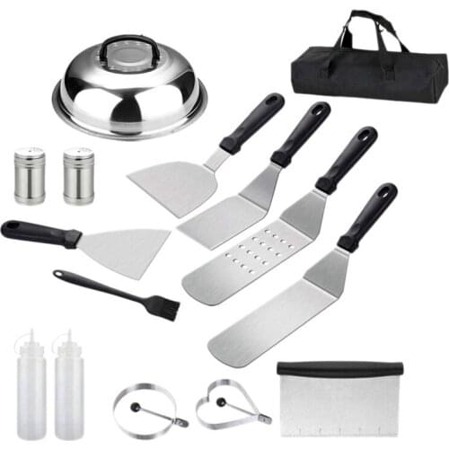 Griddle Accessories 16PC Stainless Steel Grill Griddle Spatula for Cast Teppanyaki Hamburger Cooking Carry Bag Chef Gift
