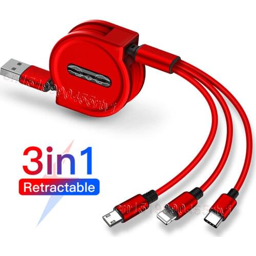 120cm 3 In 1 USB Charge Cable for iPhone 12 Micro USB Type C Cable Retractable Portable Charging Cable For iPhone X 8 Samsung S9