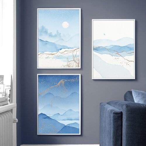 Abstract Landscapes Wall Art Blue Navy Gold Watercolor Poster Canvas Prints Moder Painting Living Room Interior Decoration