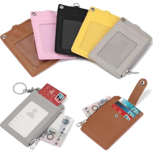 New Portable ID Card Holder PU Leather Bus Cards Cover Business ID Card Credit Badge Holder Coin Purse Wallet Keychain