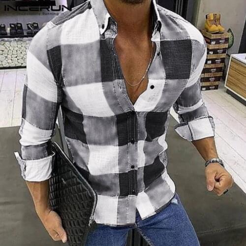 INCERUN Fashion Plaid Men Casual Shirt Long Sleeve Fitness Lapel Streetwear Blouse Stylish Brand Shirts Men Camisas Hombre S-5XL