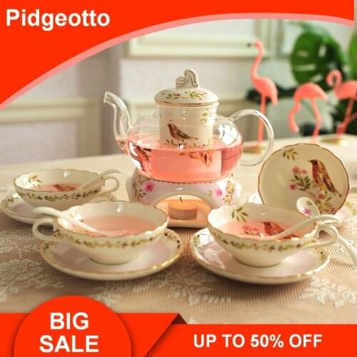 Household Birds And Flowers Pattern Teaware Sets European Afternoon Tea Thick Heat Resistant Glass Teapot Gift Box Packing