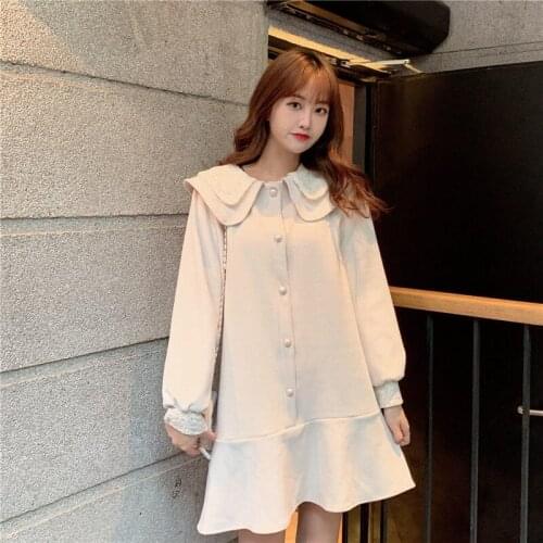 Autumn New Peter Pan Collar Patchwork Ruffled A- line Long Sleeve Dress nv qun zi Woman Dresses Vestido De Mujer Femme Robe