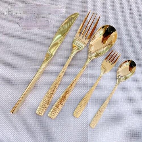 Stainless Steel Knife, Fork and Spoon Gold-Plated Tableware Lotus Hammer Point Knife Fork Golden Table Knife Hotel Supplies