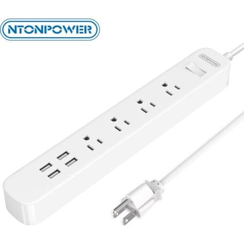 NTONPOWER ODPC USB Surge Protector Power Strip US Plug 4 AC Outlet 4 USB Charging Port with Overload Switch-Long Power Cord 1.5M