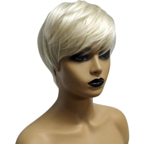 10 Inch Silver White Short Heat Resistant Human Hair Straight Full Head Pixie Cut Soft Wigs for White Women