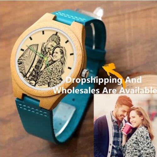 Father‘s Day Gifts Mens Engraved Wooden Photo Watch Blue Leather Strap,Personalized Jewelry,Personalized Custom Watch
