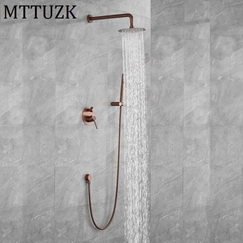 MTTUZK Brushed Rose Gold Two functions Rain Shower Faucet Set Wall Mount Shower Arm Diverter Mixer Tap Brass Handheld Spray Set