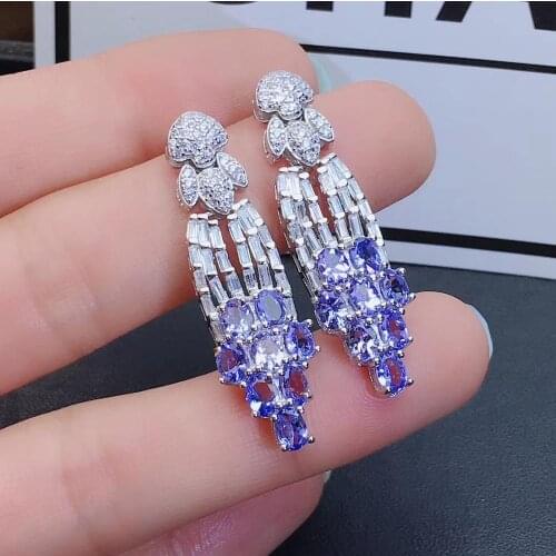 Wedding Gift Elegant High Quality New Trendy 100% Natural and real Tanzanite Earring 925 sterling silver Fine jewelry