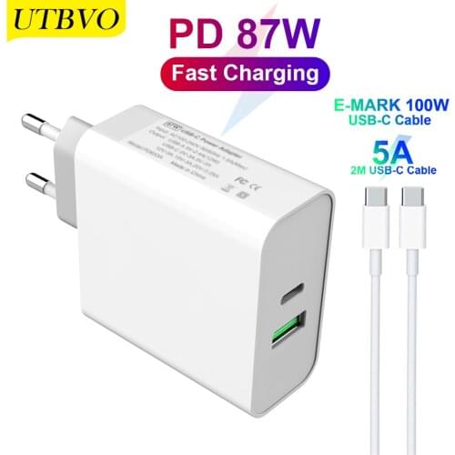 UTBVO USB-C PD87W Power Adapter,1Port PD87W/65W Wall Charger For Laptops MacBook iPad Pro,1 port USB A 2.4A for Samsung iPhone12