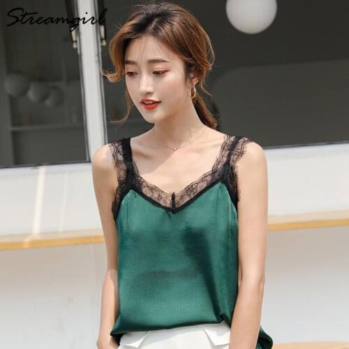 Lace Tank Top Women Camisole Femme Sexy Summer Women Silk Satin Tank Tops With Lace V Neck Camisole Sleeveless Satin Top Summer