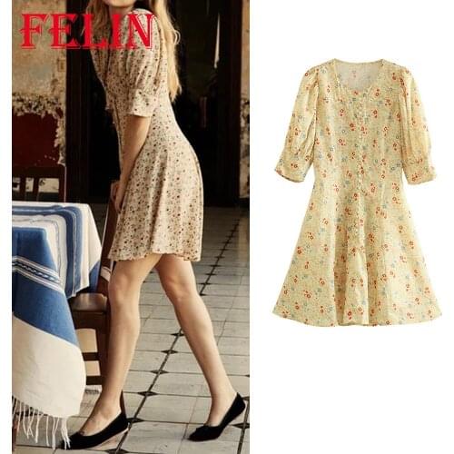 Women Chic Floral Print V Neck Mini Dress Za 2021 Vintage Button A-Line Drapped Short Sleeve Dress Holiday Elegant Vestidos
