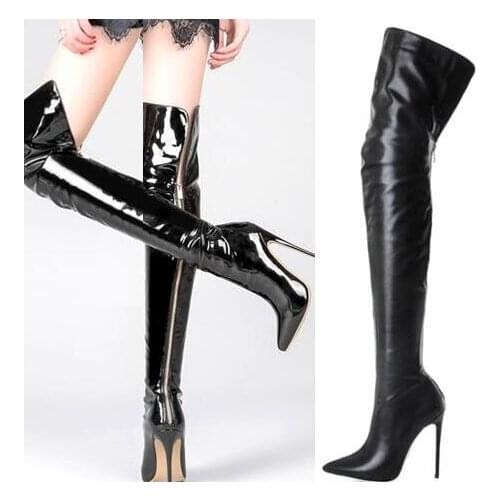 New Spring Sexy Woman Black Patent Leather Zip Back Pointed Toe Thin Heels Over The Knee Slim Thigh High Long Boots Big Size 43