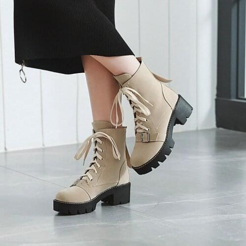 Faux Suede Cross Tied Street Ladies Mid Calf Boots Spring Autumn New Square Heel Ankle Boots Winter Platform Womens Shoes 34-43