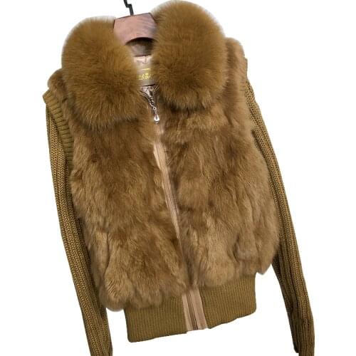 Zero Fish Real Rabbit Fur Coat Fox fur Collar Womens Long Sleeve Sweater Winter Genuine Fur Warm Thick Jacket Vest Large Size