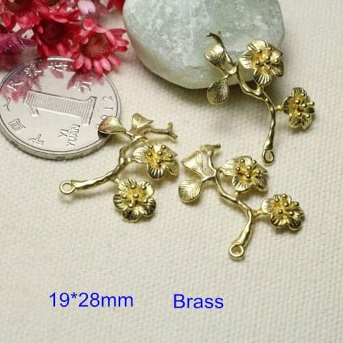 Free Shipping- 8 pcs Brass Casting Crafts Wintersweet Pendant 19*28mm Brass 3D Flower Branch Charms For Jewelry Making,4 Colors