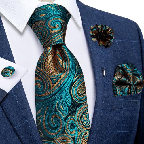 Teal Green Gold Paisley Ties For Men Business Wedding Neck Tie Handkerchief Cufflinks Mens Accessories Tie Brooch Pin Cravat