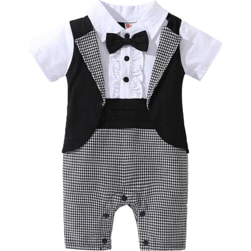 Baby Boys Bow Tie Baptism Romper Toddler Short Sleeve One Piece Plaid Christening Jumpsuit Little Boys 1 Year Gentleman Outfits