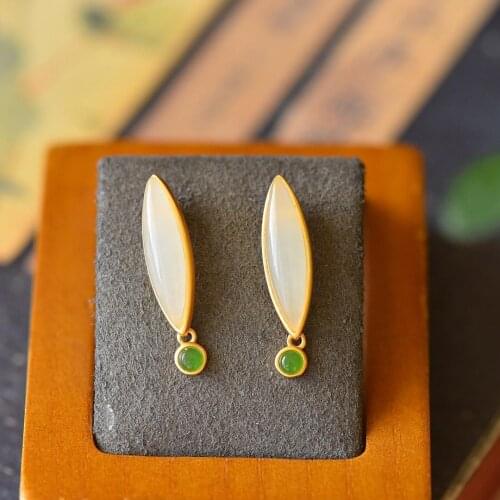Natural Hetian Jade Drop-Shaped S925 Sterling Silver Stud Earrings White Jade Retro Stud Earrings Beautiful Classical Earrings J