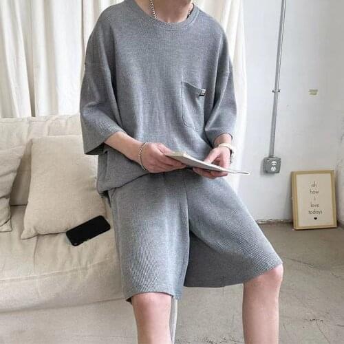 Summer Men High Quality Knitting Casual Shorts Set Half Sleeve T Shirt + Shorts Male Tracksuit Set Mens 2 Pieces Set Sweatsuit