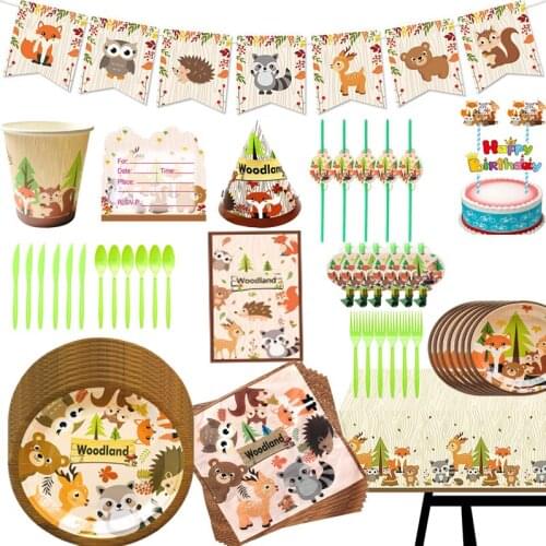 2020 Woodland Animals Party Jungle Safari Birthday Party Decor Cartoon Raccoon Fox Creatures Jungle Animal Forest Party Supplies