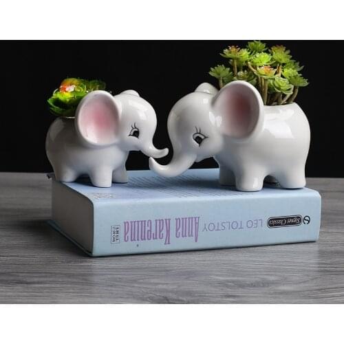 Cute Elephant White Ceramic Flower Pot with Tray for Succulents Cactus Plants Mini Pot Planter Home Garden Decoration