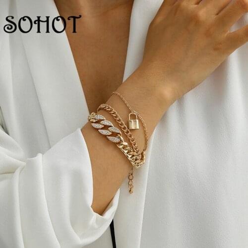 SOHOT Punk Multilayer Alloy Chain Chic Lock Pendant Women Charm Bracelet Hyperbole Trendy For Female Party Jewelry Bijoux Gift