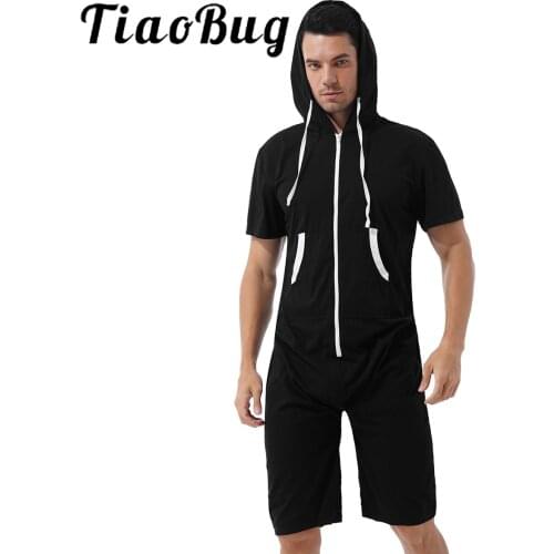 Men Leisure Loungewear Zip Hooded Bodysuit Pajamas Tracksuit Jumpsuit Sleepwear Romper Short Sleeve Pyjamas Playsuit with Pocket