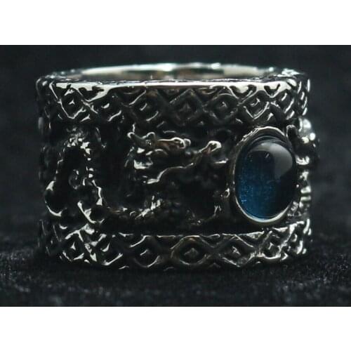 Mens Boys 316L Stainless Steel Dragon Blue Stone Newest Ring