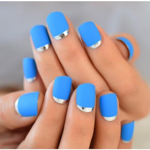 Sky Blue Full Nail Kit False Tips Press Ons Short For DIY Nail Art Salon Fake Nail Extension With Glue Adhesive Matte Squoval