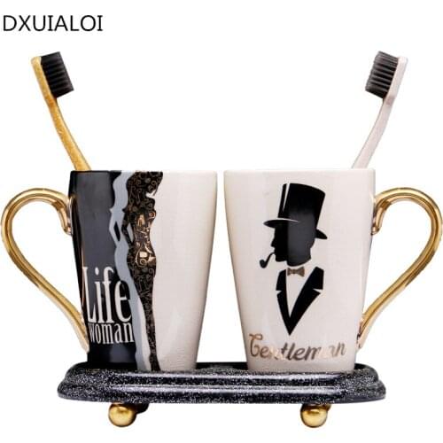 Modern minimalist bathroom couple wash brushing mouth cup pair of creative decals painted gold black ceramic mouthwash cup set